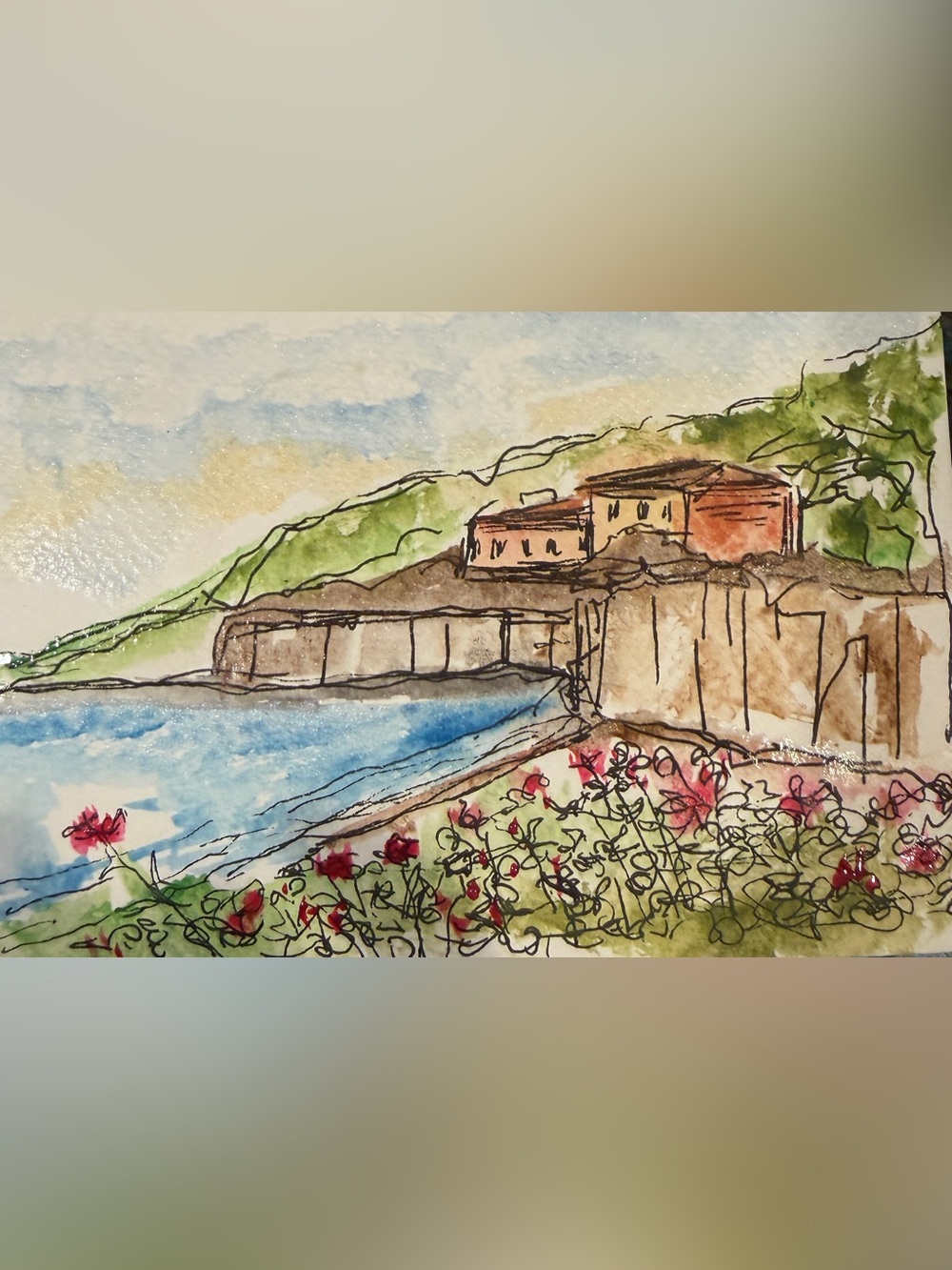 Hand-Painted france french coastal Landscape Watercolor Art